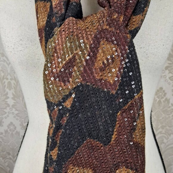 Sequined Scarf Black/Brown/Tan/Gold Pattern Short Fringed Ends EUC - Picture 2 of 6